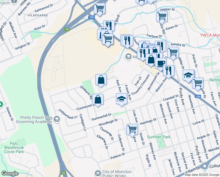 map of restaurants, bars, coffee shops, grocery stores, and more near Preston Crescent in Moncton
