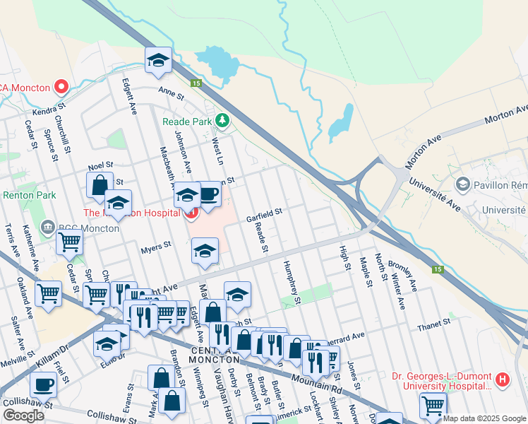 map of restaurants, bars, coffee shops, grocery stores, and more near 53 Garfield Street in Moncton