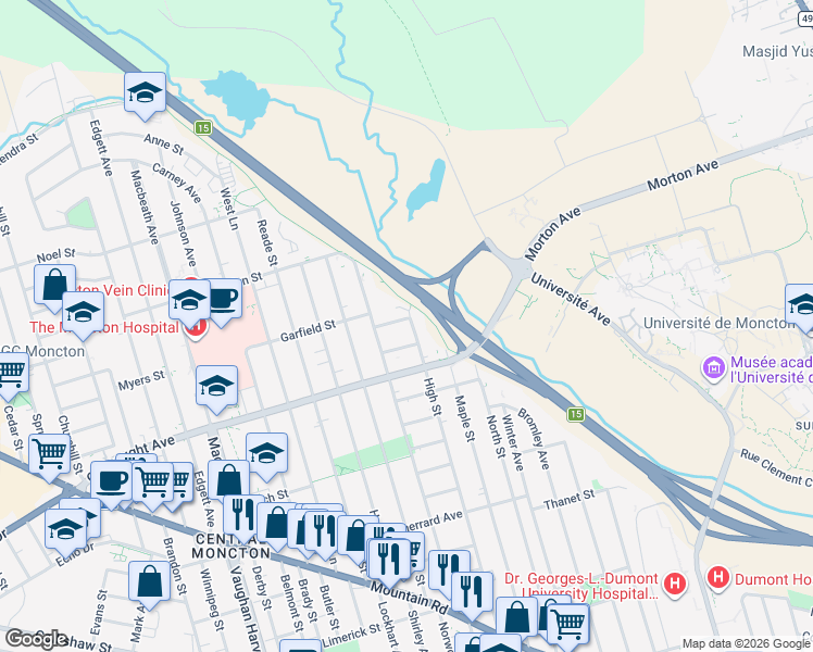 map of restaurants, bars, coffee shops, grocery stores, and more near 598 High Street in Moncton