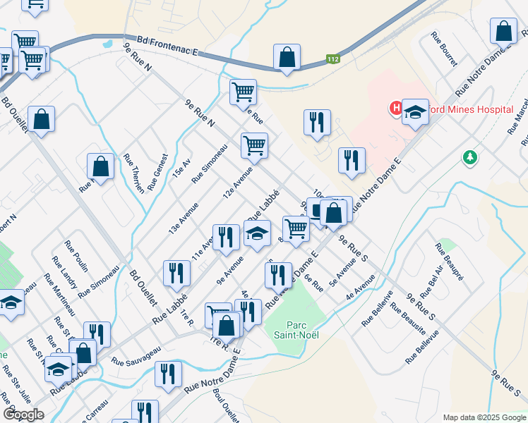 map of restaurants, bars, coffee shops, grocery stores, and more near 279 7e Rue Nord in Thetford Mines