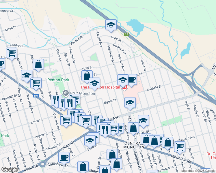 map of restaurants, bars, coffee shops, grocery stores, and more near 165 McSweeney Avenue in Moncton