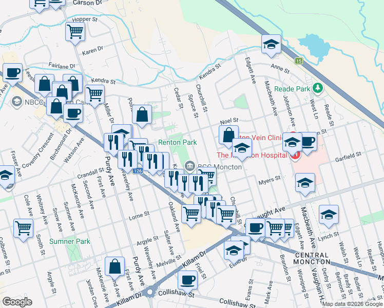 map of restaurants, bars, coffee shops, grocery stores, and more near 114 Cedar Street in Moncton