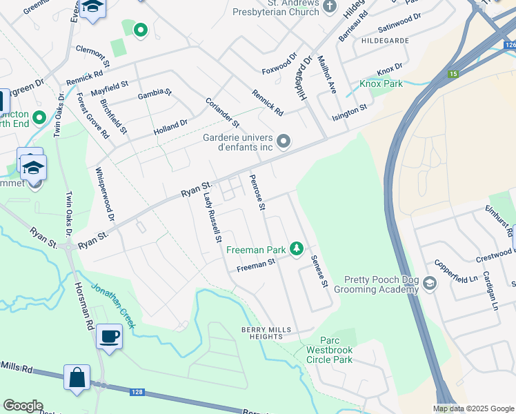 map of restaurants, bars, coffee shops, grocery stores, and more near 52 Penrose Street in Moncton