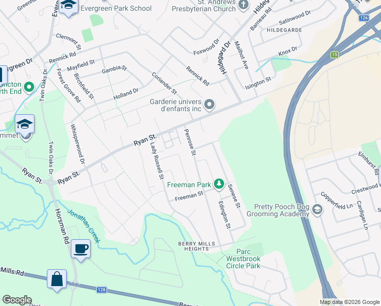 map of restaurants, bars, coffee shops, grocery stores, and more near 52 Penrose Street in Moncton