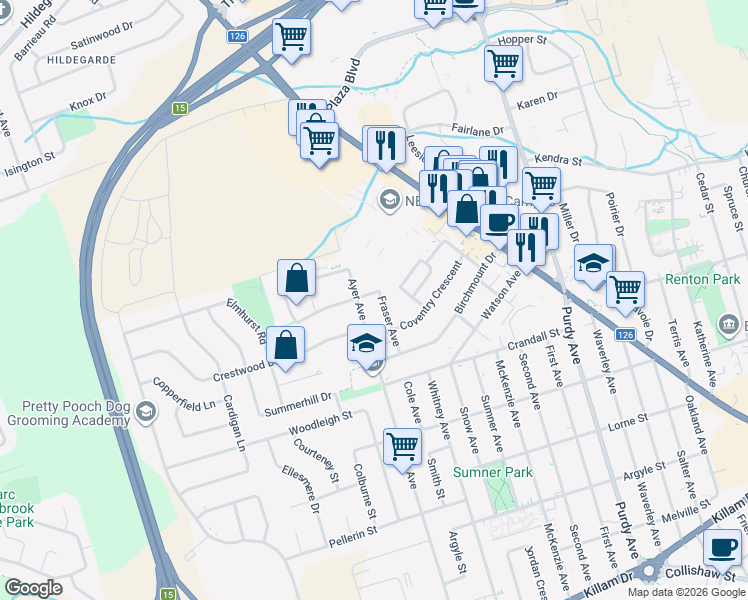 map of restaurants, bars, coffee shops, grocery stores, and more near 50 Fraser Avenue in Moncton