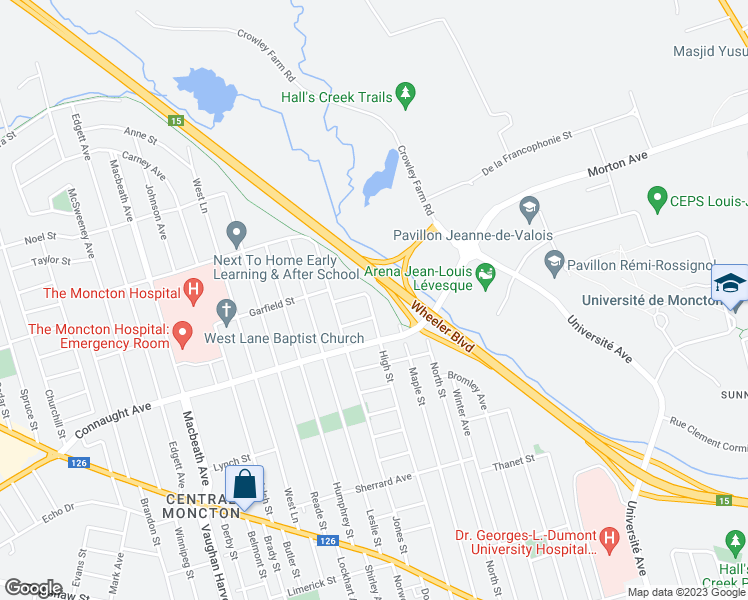 map of restaurants, bars, coffee shops, grocery stores, and more near 635 High Street in Moncton