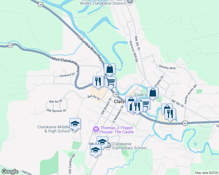 map of restaurants, bars, coffee shops, grocery stores, and more near 260 East Columbia River Highway in Clatskanie
