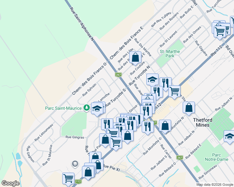 map of restaurants, bars, coffee shops, grocery stores, and more near 77 Rue Turcotte Ouest in Thetford Mines