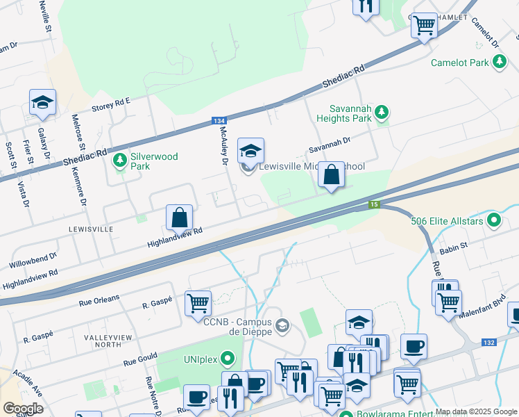 map of restaurants, bars, coffee shops, grocery stores, and more near 369 Highlandview Road in Moncton