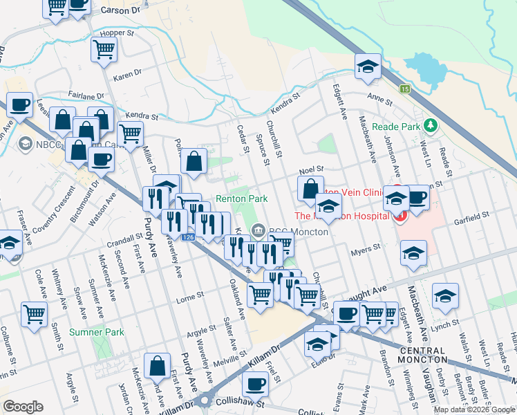 map of restaurants, bars, coffee shops, grocery stores, and more near 114 Cedar Street in Moncton