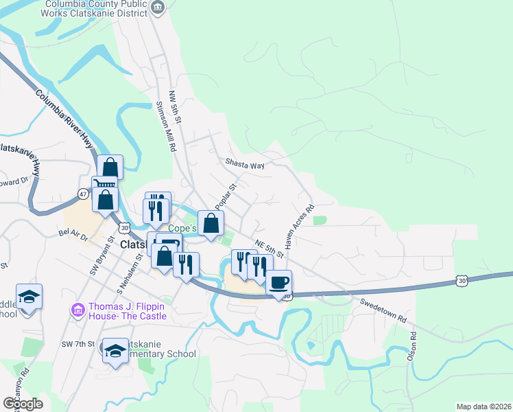 map of restaurants, bars, coffee shops, grocery stores, and more near 465 Alder Street in Clatskanie
