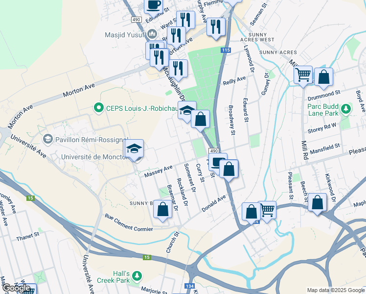 map of restaurants, bars, coffee shops, grocery stores, and more near 145 Somerset Drive in Moncton