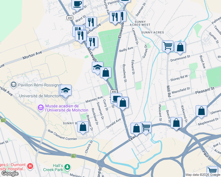 map of restaurants, bars, coffee shops, grocery stores, and more near 18 McLaughlin Drive in Moncton