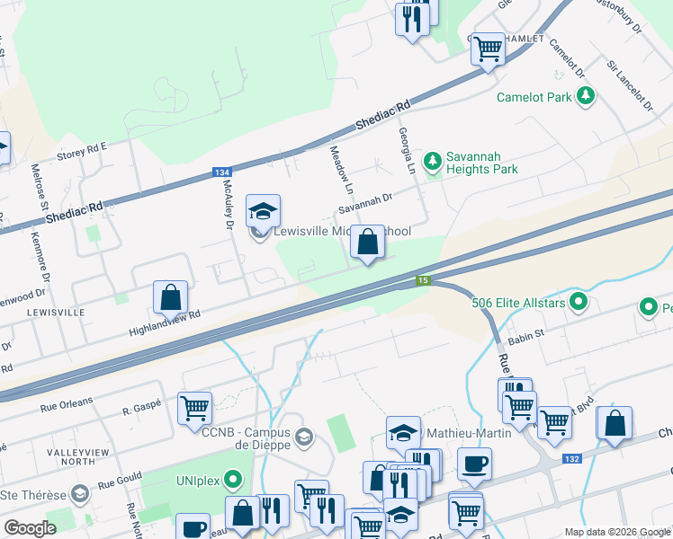 map of restaurants, bars, coffee shops, grocery stores, and more near 399 Highlandview Road in Moncton