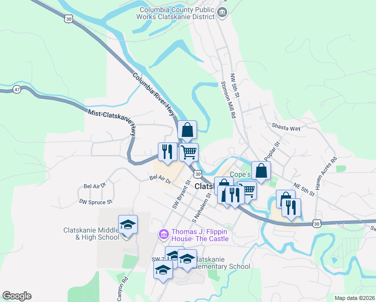 map of restaurants, bars, coffee shops, grocery stores, and more near 350 Columbia River Highway in Clatskanie