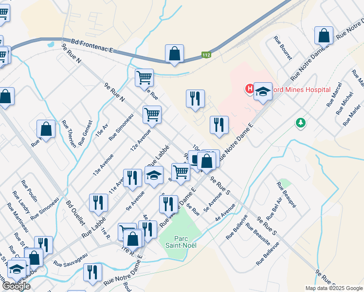 map of restaurants, bars, coffee shops, grocery stores, and more near 229 9e Rue Nord in Thetford Mines