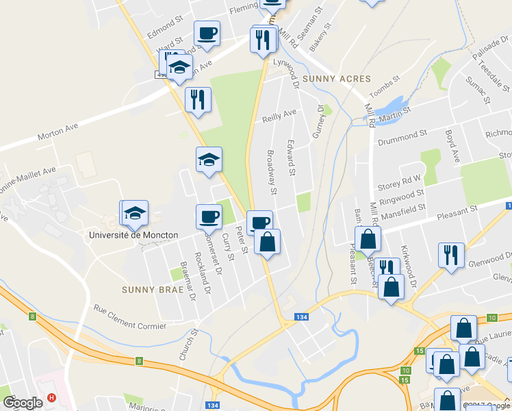 map of restaurants, bars, coffee shops, grocery stores, and more near 135 Elmwood Drive in Moncton