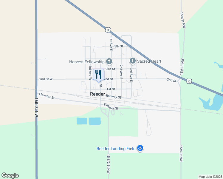 map of restaurants, bars, coffee shops, grocery stores, and more near 1st Avenue East in Reeder