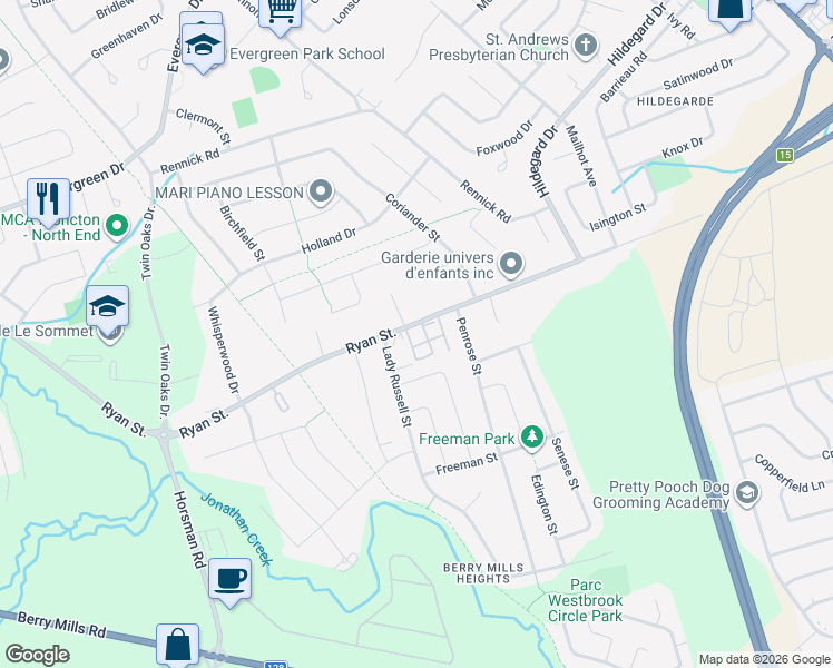 map of restaurants, bars, coffee shops, grocery stores, and more near 410 Ryan Street in Moncton