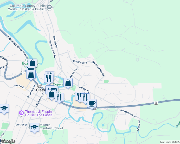 map of restaurants, bars, coffee shops, grocery stores, and more near 975 Shasta Way in Clatskanie
