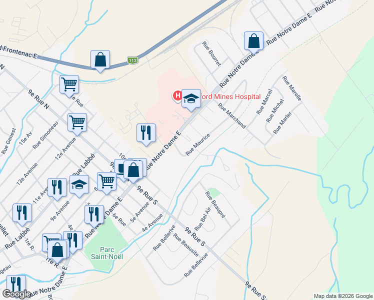 map of restaurants, bars, coffee shops, grocery stores, and more near 1511 Rue Maurice in Thetford Mines
