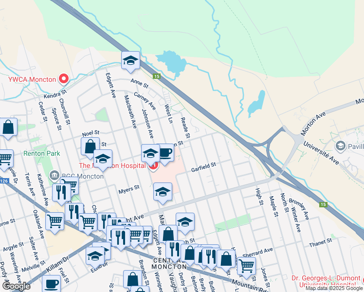 map of restaurants, bars, coffee shops, grocery stores, and more near 227 West Lane in Moncton
