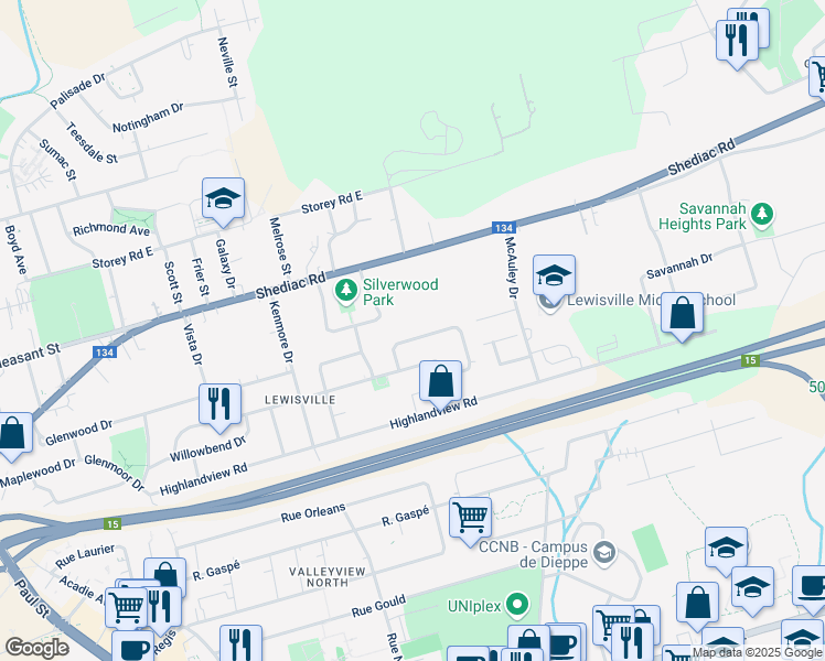 map of restaurants, bars, coffee shops, grocery stores, and more near 97 Old Oak Crescent in Moncton