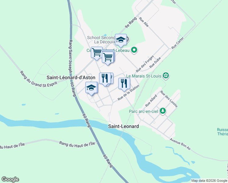 map of restaurants, bars, coffee shops, grocery stores, and more near 563 Rue des Forges in Saint-Léonard-d'Aston