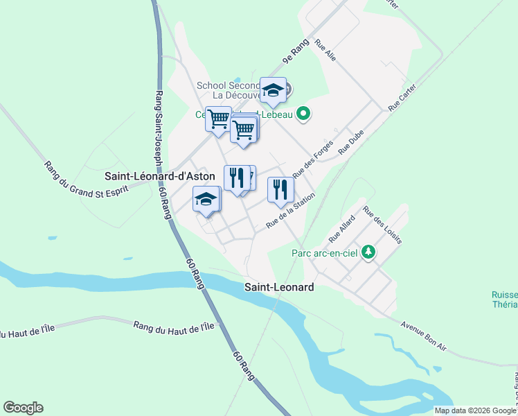 map of restaurants, bars, coffee shops, grocery stores, and more near 563 Rue des Forges in Saint-Léonard-d'Aston