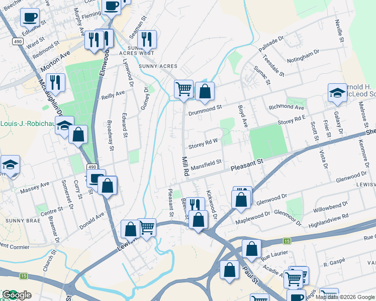 map of restaurants, bars, coffee shops, grocery stores, and more near 5 Storey Road West in Moncton