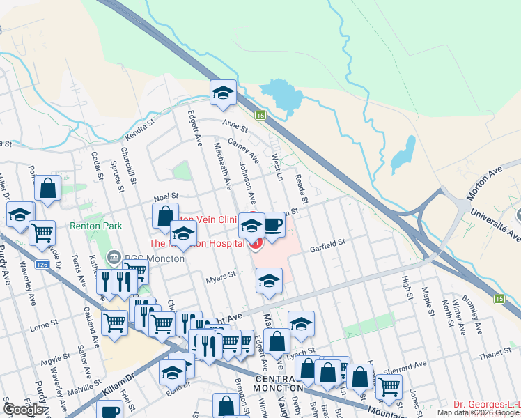 map of restaurants, bars, coffee shops, grocery stores, and more near 9 Johnson Avenue in Moncton