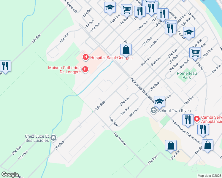 map of restaurants, bars, coffee shops, grocery stores, and more near 1235 24e Rue in Saint-Georges