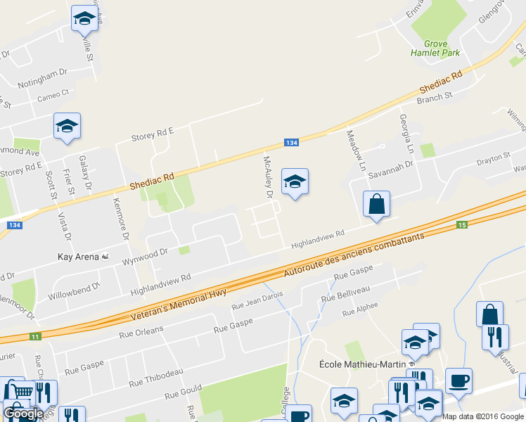 map of restaurants, bars, coffee shops, grocery stores, and more near 16 Skyway Lane in Moncton