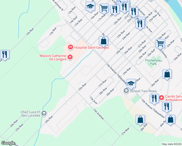 map of restaurants, bars, coffee shops, grocery stores, and more near 1235 24e Rue in Saint-Georges