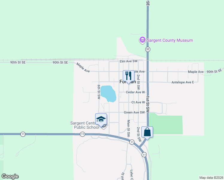 map of restaurants, bars, coffee shops, grocery stores, and more near 341 Antelope Avenue Southwest in Forman