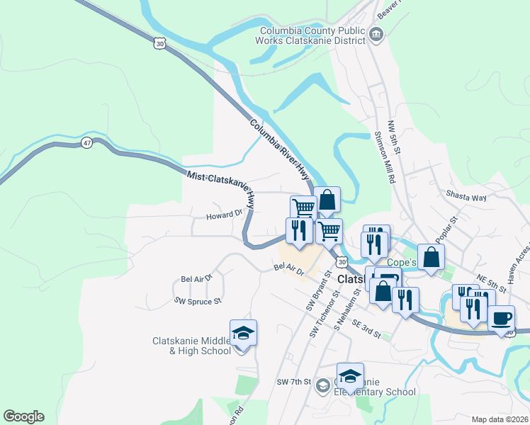 map of restaurants, bars, coffee shops, grocery stores, and more near 750 Highway 47 in Clatskanie