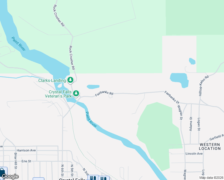 map of restaurants, bars, coffee shops, grocery stores, and more near 2 Fairbanks Road in Crystal Falls