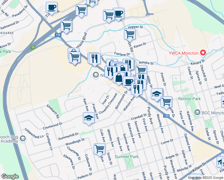 map of restaurants, bars, coffee shops, grocery stores, and more near 13 Ivan Court in Moncton