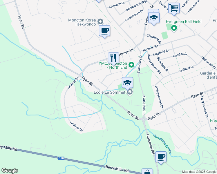 map of restaurants, bars, coffee shops, grocery stores, and more near 40 Albion Street in Moncton