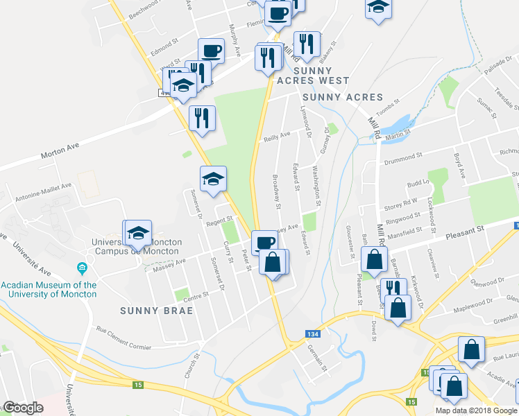 map of restaurants, bars, coffee shops, grocery stores, and more near 135 Elmwood Drive in Moncton