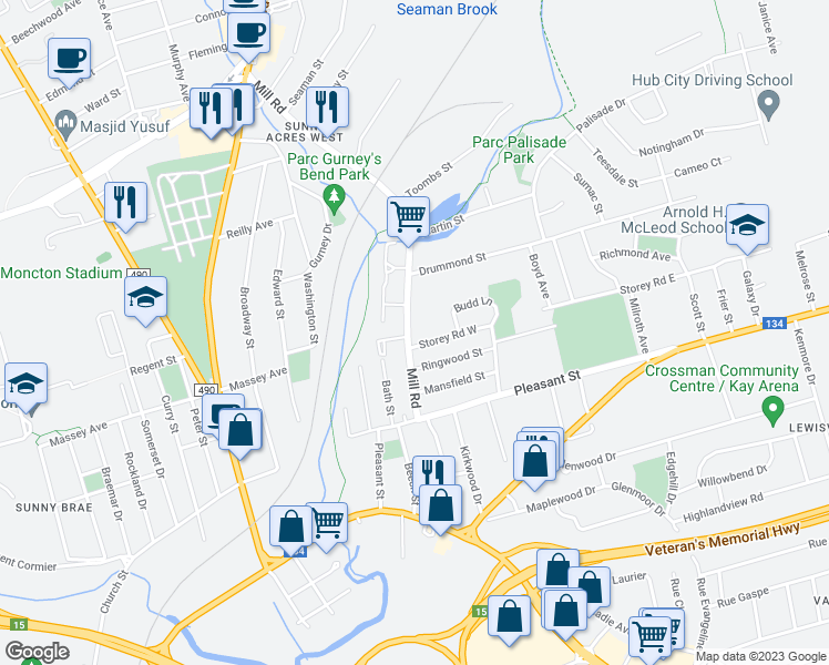 map of restaurants, bars, coffee shops, grocery stores, and more near 71 Mill Road in Moncton