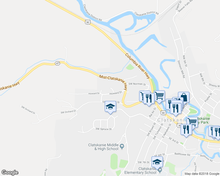 map of restaurants, bars, coffee shops, grocery stores, and more near 900 Southwest Janis Court in Clatskanie