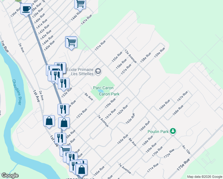 map of restaurants, bars, coffee shops, grocery stores, and more near 905 158e Rue in Saint-Georges