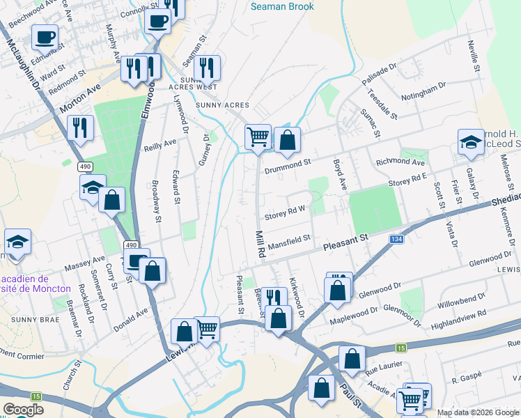 map of restaurants, bars, coffee shops, grocery stores, and more near 5 Storey Road West in Moncton