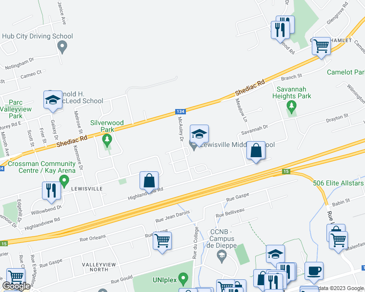 map of restaurants, bars, coffee shops, grocery stores, and more near 16 Skyway Lane in Moncton