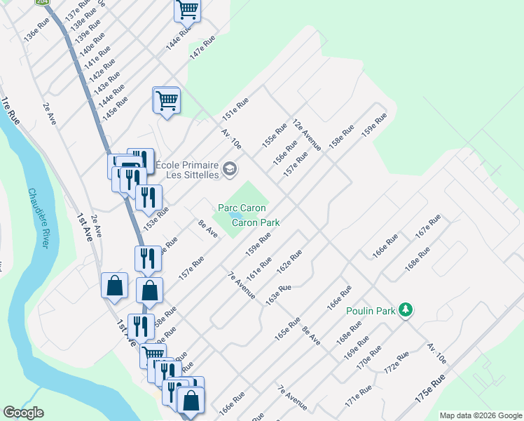 map of restaurants, bars, coffee shops, grocery stores, and more near 905 158e Rue in Saint-Georges