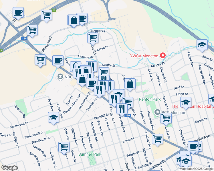 map of restaurants, bars, coffee shops, grocery stores, and more near 47 Mapleton Road in Moncton