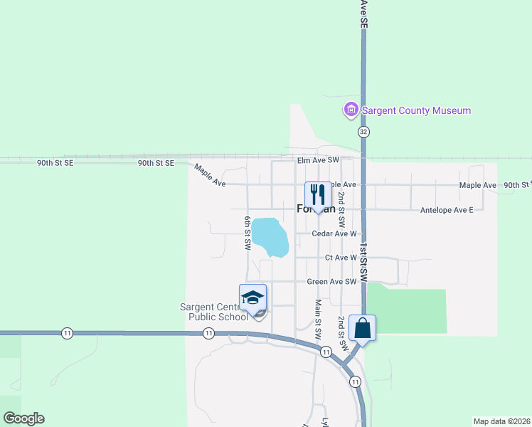 map of restaurants, bars, coffee shops, grocery stores, and more near 341 Antelope Avenue Southwest in Forman