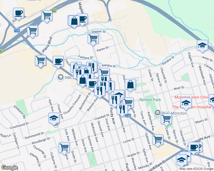 map of restaurants, bars, coffee shops, grocery stores, and more near 47 Mapleton Road in Moncton
