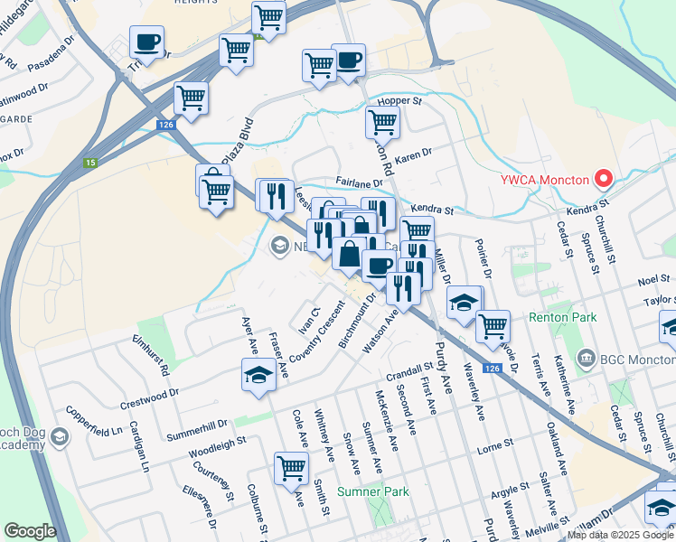 map of restaurants, bars, coffee shops, grocery stores, and more near 13 Ivan Court in Moncton